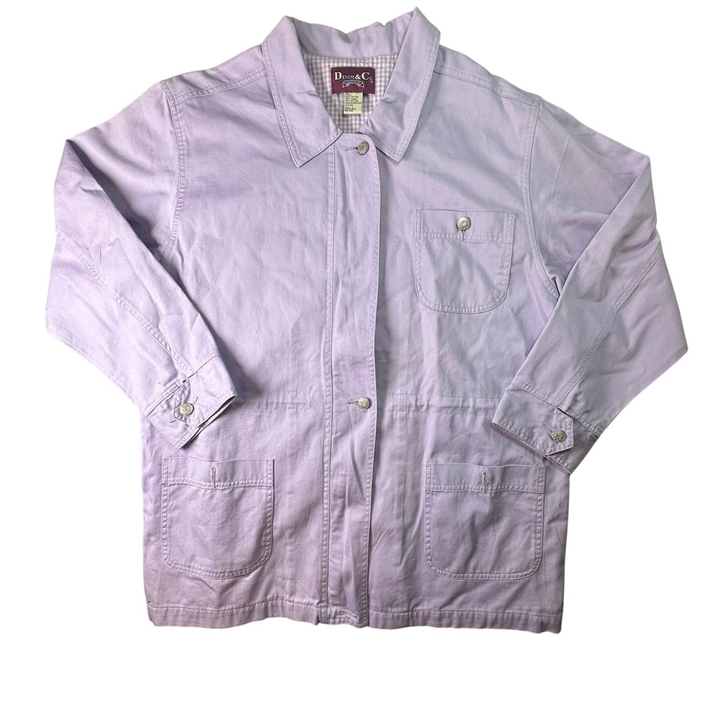 Denim & Co. Lavender Cotton Gingham Lined Barn Jacket Utility Chore Large Purple